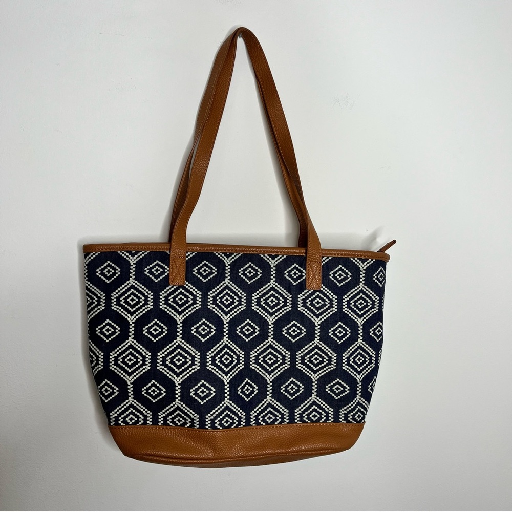 Thirty-One Little Dreamer Dotty Hexagon Brown Blue Geometric Print Tote Bag